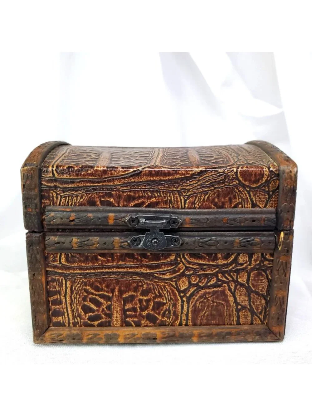 Vintage Wood & Faux Leather Carved Jewelry Treasure Chest Box With Metal Accents